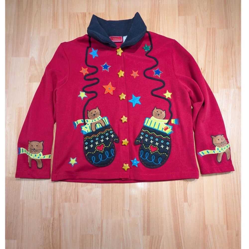 Onque Casuals Cat Sweater Jacket Womens L Red Button Novelty Knit